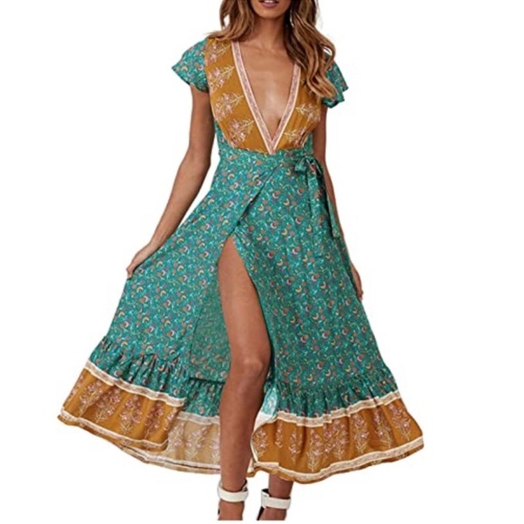Zesica Blue Teal Boho Floral Wrap Maxi Dress - Picture 1 of 8